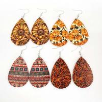 PU Leather Drop Earring with Brass brass earring hook Teardrop printing fashion jewelry & for woman Sold By Pair