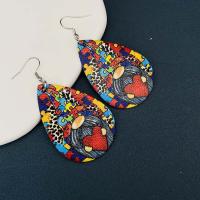 PU Leather Drop Earring with Brass brass earring hook Teardrop printing fashion jewelry & for woman mixed colors Sold By Pair