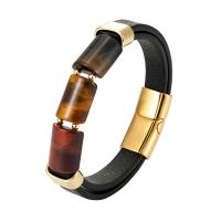 Naturlige Tiger Eye Armbånd, Læder, med Titanium Stål & Tiger Eye, forgyldt, mode smykker & Unisex & forskellig størrelse for valg, flere farver til valg, Solgt af PC