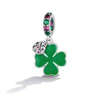 Cubic Zirconia Micro Pave Sterling Silver Pendant, 925 Sterling Silver, Four Leaf Clover, oxidation, micro bana cubic zirconia & emalj, grön, 12x22mm, Hål:Ca 4.5mm, Säljs av PC