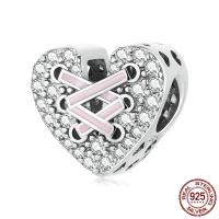 925 Sterling Silver European Beads, 925 argento sterlina, Cuore, ossidazione, Micro spianare cubic zirconia & smalto, rosa, 12x11mm, Foro:Appross. 4.5mm, Venduto da PC