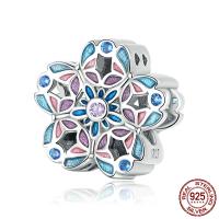 925 Sterling Silver European Beads, 925 argento sterlina, Fiore, ossidazione, Micro spianare cubic zirconia & smalto, multi-colore, 12x12mm, Foro:Appross. 4.5mm, Venduto da PC