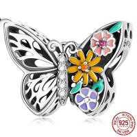 925 sidabro European karoliukai, 925 Sterling Silver, Peteliškė, oksidacija, mikro nutiesti kubinių Zirconia & emalė & tuščiaviduris, multi-colored, 16x12mm, Skylė:Apytiksliai 4.5mm, Pardavė PC