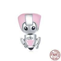 925 Sterling Silver European Beads, 925 argento sterlina, Robot, ossidazione, smalto, rosa, 9x12mm, Foro:Appross. 4.5mm, Venduto da PC