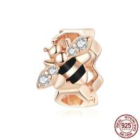 Grânulos de European da prata esterlina 925, 925 prata esterlina, Abelha, rosa real com banho de cor, micro pavimento em zircônia cúbica & esmalte, 7x10mm, Buraco:Aprox 4.5mm, vendido por PC