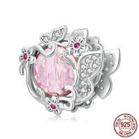 Abalorios Estilo Europeo de Plata de Ley 925, chapado en color de platina, micro arcilla de zirconia cúbica & hueco, Rosado, 14x13mm, agujero:aproximado 5mm, Vendido por UD