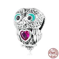 925 Sterling Silver European Pärlor, Owl, oxidation, micro bana cubic zirconia & emalj, flerfärgad, 9x13mm, Hål:Ca 4.5mm, Säljs av PC