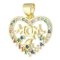 Messing hanger met micro-paved kubieke zirconia's, Hart, gold plated, mode sieraden & Mother Day Jewelry & DIY & micro pave zirconia, multi-gekleurde, 17x16x2mm, Gat:Ca 3.5mm, 10pC's/Lot, Verkocht door Lot