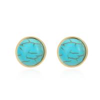 Boucle d'oreille de gaujon en acier inoxydable, Acier inoxydable 304, avec turquoise, Placage de couleur d'or, pour femme, bleu turquoise, 11x11mm, Vendu par paire