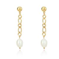 Roestvrij staal hangoorbellen, 304 roestvrij staal, met Plastic Pearl, gold plated, voor vrouw, 7.20x50mm, Verkocht door pair