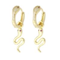 Boucle d’oreille goutte strass Hoop, laiton, serpent, Placage de couleur d'or, bijoux de mode & pavé de micro zircon & pour femme, doré, 31mm, 10pairescouple/lot, Vendu par lot