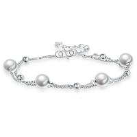 Messing Armbanden, met Plastic Pearl, met 1.57 extender keten, Ronde, silver plated, Dubbele laag & voor vrouw, zilver, nikkel, lood en cadmium vrij, 6mm, Lengte 6.7 inch, Verkocht door PC