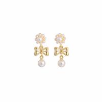 Zinc Alloy Oorbellen, met Plastic Pearl, Strik, gold plated, voor vrouw & hol, 15x35mm, Verkocht door pair