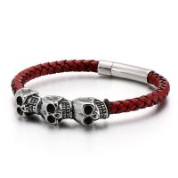 acero inoxidable 316L Pulsera, con cable de piel de vaca, Calavera, chapado en color dorado, teñido & para hombre, más colores para la opción, longitud aproximado 8.46 Inch, Vendido por UD