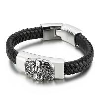 Partículas de acero Pulsera, con cable de piel de vaca, diferentes estilos para la opción & para hombre, Negro, longitud aproximado 8.66 Inch, Vendido por UD