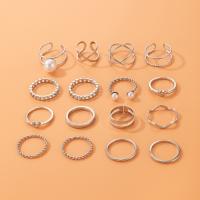 Sinc Alloy Ring Set, le ABS Pearl plaisteach, 16 phíosa & jewelry faisin & do bhean, dath bunaidh, Díolta De réir Socraigh