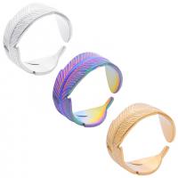 Acier inoxydable 304 Cuff Bague, forme de plume, Réglable & unisexe, plus de couleurs à choisir, Taille:9, Vendu par PC