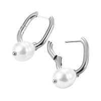 Huggie Hoop Drop Earring 304 Stainless Steel with Plastic Pearl Vacuum Ion Plating for woman Sold By Pair