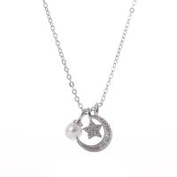 Kubieke Zirkoon Micro Pave Brass Ketting, Messing, met Plastic Pearl, silver plated, mode sieraden & micro pave zirconia & voor vrouw, zilver, nikkel, lood en cadmium vrij, 12mm,6mm,6mm, Lengte 45 cm, Verkocht door PC