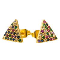 Cúbicos Circonia Pendiente Latón Micro pavimenta, metal, Triángulo, chapado en color dorado, micro arcilla de zirconia cúbica & para mujer, multicolor, 10x10mm, Vendido por Par