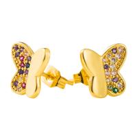 Cúbicos Circonia Pendiente Latón Micro pavimenta, metal, Mariposa, 18K chapado en oro, micro arcilla de zirconia cúbica & para mujer, multicolor, 10x10mm, Vendido por Par