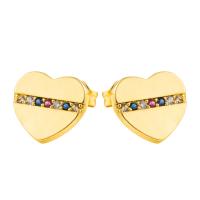 Cúbicos Circonia Pendiente Latón Micro pavimenta, metal, Corazón, chapado en color dorado, micro arcilla de zirconia cúbica & para mujer, multicolor, 10x9mm, Vendido por Par