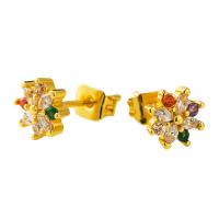 Messing Stud Earring, Bloem, gold plated, micro pave zirconia & voor vrouw, multi-gekleurde, 8x8mm, Verkocht door pair