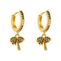 laiton Boucles d'oreilles pendantes Hoop Huggie, Palmier, Placage de couleur d'or, pavé de micro zircon & pour femme, multicolore, 12x28mm, Vendu par paire