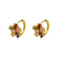 laiton boucle d'oreille leverback, fleur, Plaqué or 18K, pavé de micro zircon & pour femme, multicolore, 16x20mm, Vendu par paire