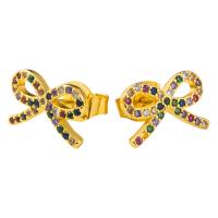 Žalvarinis Stud Auskarai, Bowknot, aukso spalva padengtas, mikro nutiesti kubinių Zirconia & moters & tuščiaviduris, multi-colored, 12x9mm, Pardavė Pora