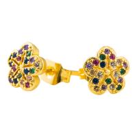 Cúbicos Circonia Pendiente Latón Micro pavimenta, metal, Flor, chapado en color dorado, micro arcilla de zirconia cúbica & para mujer, multicolor, 9x9mm, Vendido por Par