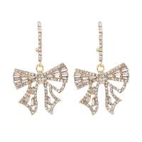 Zinc Alloy Drop Earrings Bowknot gold color plated fashion jewelry & for woman & with rhinestone golden Sold By Pair