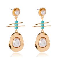 Pendientes de Aleación de Zinc, con turquesa, chapado en color dorado, para mujer & con perla de plástico, multicolor, 52x23mm, Vendido por Par