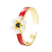 Kubisk Circonia Micro bane messing Ring, med Plastic Pearl, Heart, guldfarve belagt, Justerbar & Micro Pave cubic zirconia & for kvinde & emalje, flere farver til valg, 20mm, Solgt af PC