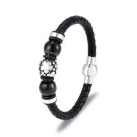 Cuero Pulsera, con Partículas de acero, chapado, pulsera trenzada & para hombre, Negro, 210mm, Vendido por UD