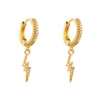 Brass Huggie Hoop Drop Earring Lightning Symbol gold color plated micro pave cubic zirconia & for woman Sold By Pair