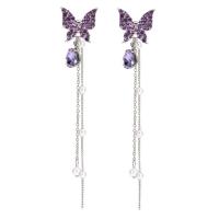 Fashion Fringe Boucles d'oreilles, alliage de zinc, papillon, Placage de couleur argentée, bijoux de mode & pour femme & avec strass, plus de couleurs à choisir, protéger l'environnement, sans nickel, plomb et cadmium, 19x106mm, Vendu par paire