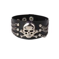 PU Armbånd, med Zinc Alloy, Skull, sølvfarvet forgyldt, mode smykker & punk stil & Unisex, sort, 220x35mm, Solgt af PC