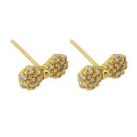 Boucles d'oreilles en laiton zircon cubique pavent, Noeud papillon, Placage de couleur d'or, bijoux de mode & pavé de micro zircon & pour femme, doré, 10.50x5mm, Trou:Environ 1mm, 10pairescouple/lot, Vendu par lot