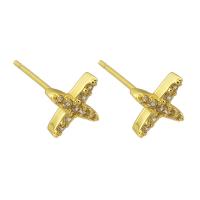 Boucles d'oreilles en laiton zircon cubique pavent, avion, Placage de couleur d'or, bijoux de mode & pavé de micro zircon & pour femme, doré, 6x6mm, 10pairescouple/lot, Vendu par lot