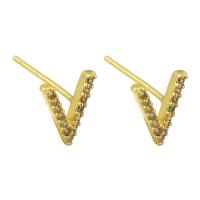 Boucles d'oreilles en laiton zircon cubique pavent, Lettre V, Placage de couleur d'or, bijoux de mode & pavé de micro zircon & pour femme, doré, 7x9mm, 10pairescouple/lot, Vendu par lot