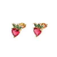 Cubic Zirconia Micro Pave Brass Earring Strawberry gold color plated micro pave cubic zirconia & for woman red Sold By Pair