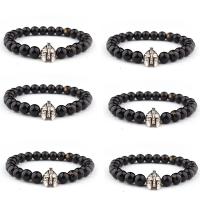 Obsidian Bracelet, le Sinc Alloy, Masc, dath airgid plated, unisex, dubh, 8mm, Fad 7.5 Inse, Díolta De réir PC