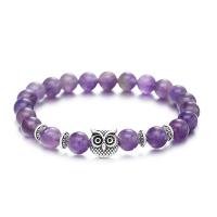 Amethyst Armband, mit Zinklegierung, Eule, silberfarben plattiert, elastisch & unisex, violett, 8mm, Länge 7.5 ZollInch, verkauft von PC