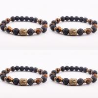 Lava Armband, mit Tigerauge & Zinklegierung, Buddha, goldfarben plattiert, elastisch & unisex, gemischte Farben, 8mm, Länge 7.5 ZollInch, verkauft von PC