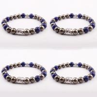 hématite non magnétique bracelet, avec Lapis lazuli & alliage de zinc, bouddha, Placage de couleur argentée, élastique & unisexe, couleurs mélangées, 8mm, Longueur 7.5 pouce, Vendu par PC