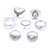 Cink Alloy Ring Set, Cink ötvözet, -val Üveggyöngyök, platina színű bevont, 7 darab & a nő, 17mm,16mm,15mm,16.5mm,18mm, Által értékesített Set