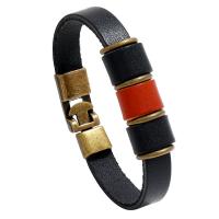 Pulseira de couro, corda de Couro de vaca, with ferro & liga de zinco, banhado cor bronze antigo, joias de moda & unissex, preto, 215x10mm, vendido por PC