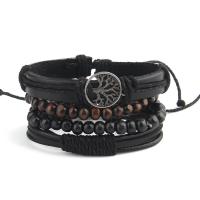 Cuero de vaca Pulsera, con Cuero de PU & madera & aleación de zinc, con 8-9cm extender cadena, Árbol de la vida, chapado en color de plata, 4 piezas & Ajustable & Joyería & para hombre, Negro, longitud 17-18 cm, Vendido por Set