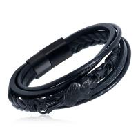 PU cavo bracciali, with corda in pelle di vitello & corda di cera & 304 acciaio inox & lega in zinco, gioielli di moda & unisex & formato differente per scelta, nero, Venduto da PC